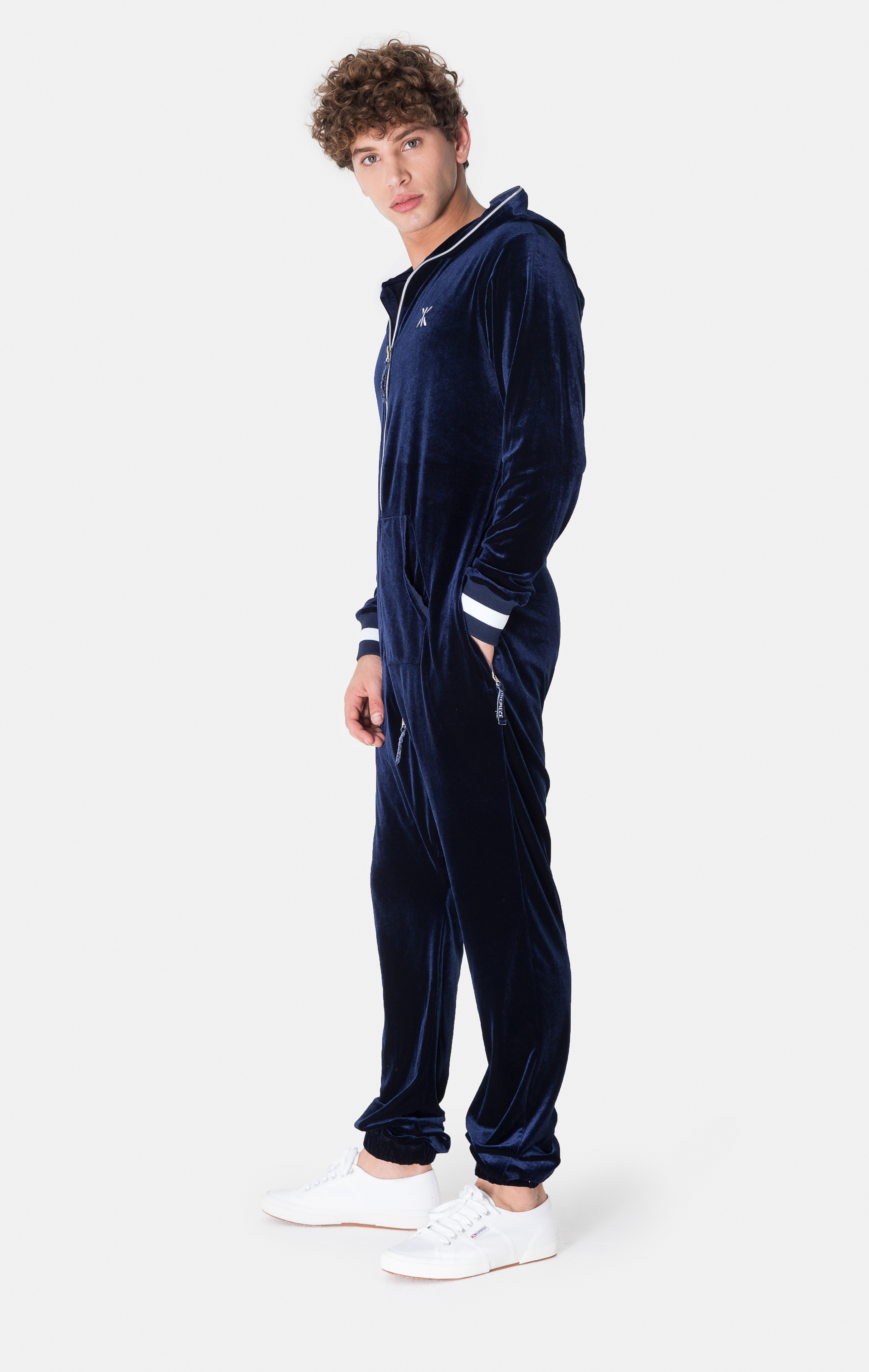 navy blue velour jumpsuit