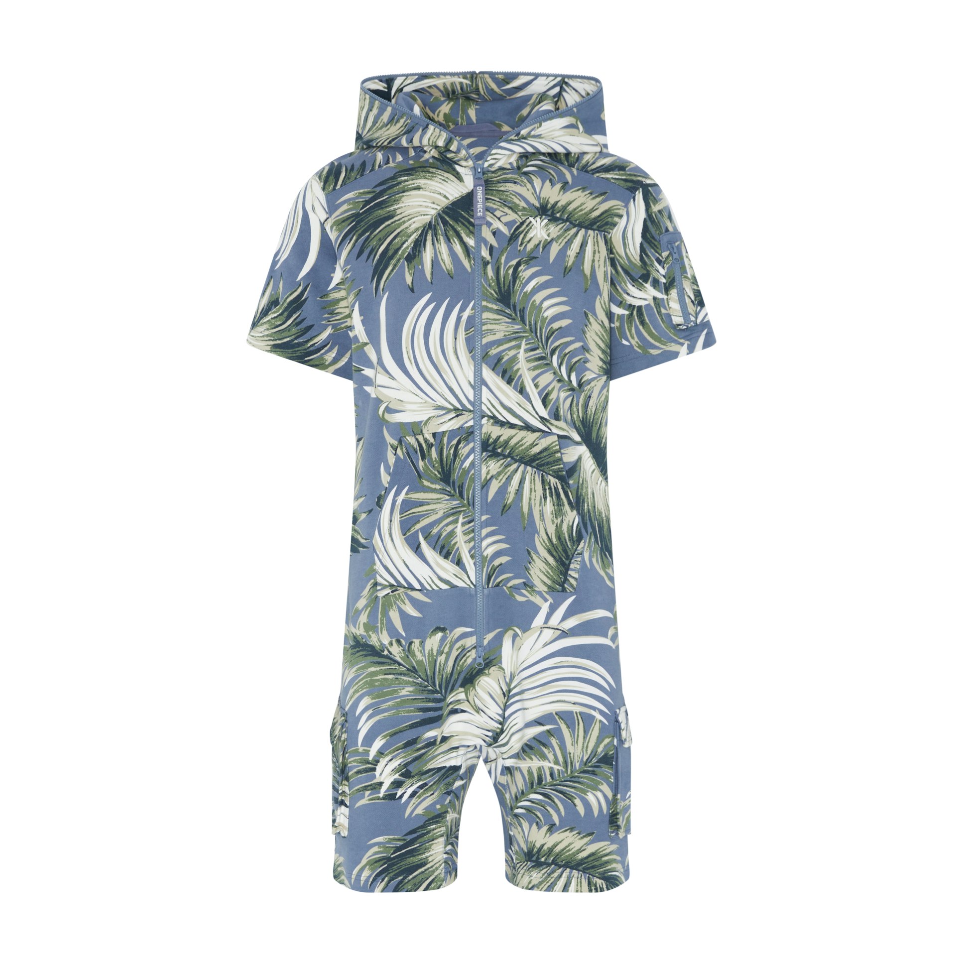 Vintage Palm Leaf Short Jumpsuit Blau